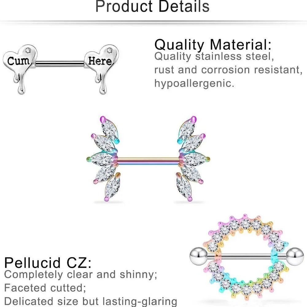 Butterfly Nipple Rings Stainless Steel 14G 14mm Jewelry for Women 7 Pairs